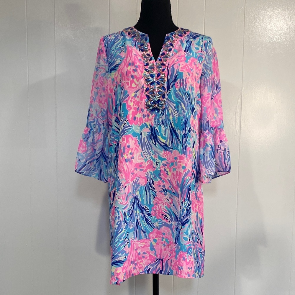 Lilly Pulitzer Eleanora Silk Dress Fan Sea Pants XS Coastal Preppy Beaded NWOT